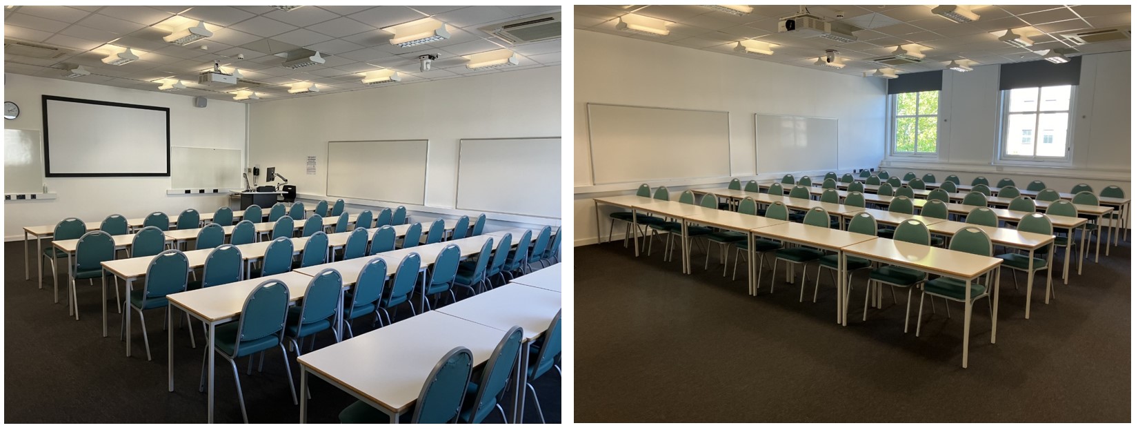 Rows of tables and chairs facing the teaching wall